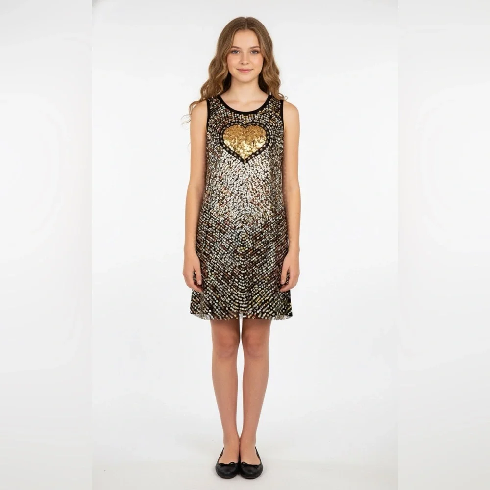 Gold and Black Sequin Heart‎ Kids Dress Sz 14 NWT Valentines Day
